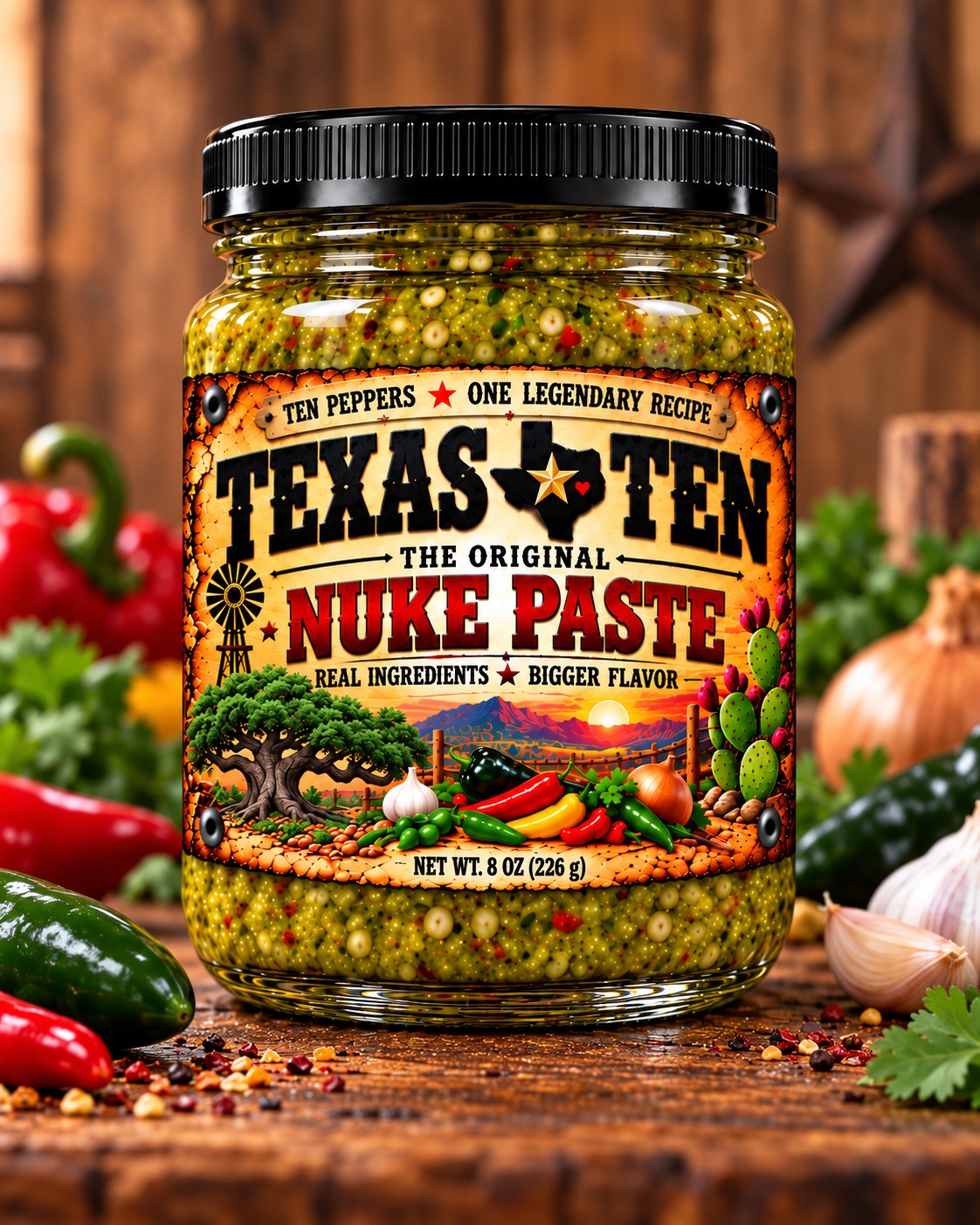 Texas Ten Original Nuke Paste with the live oak tree and prickly pear cactus label