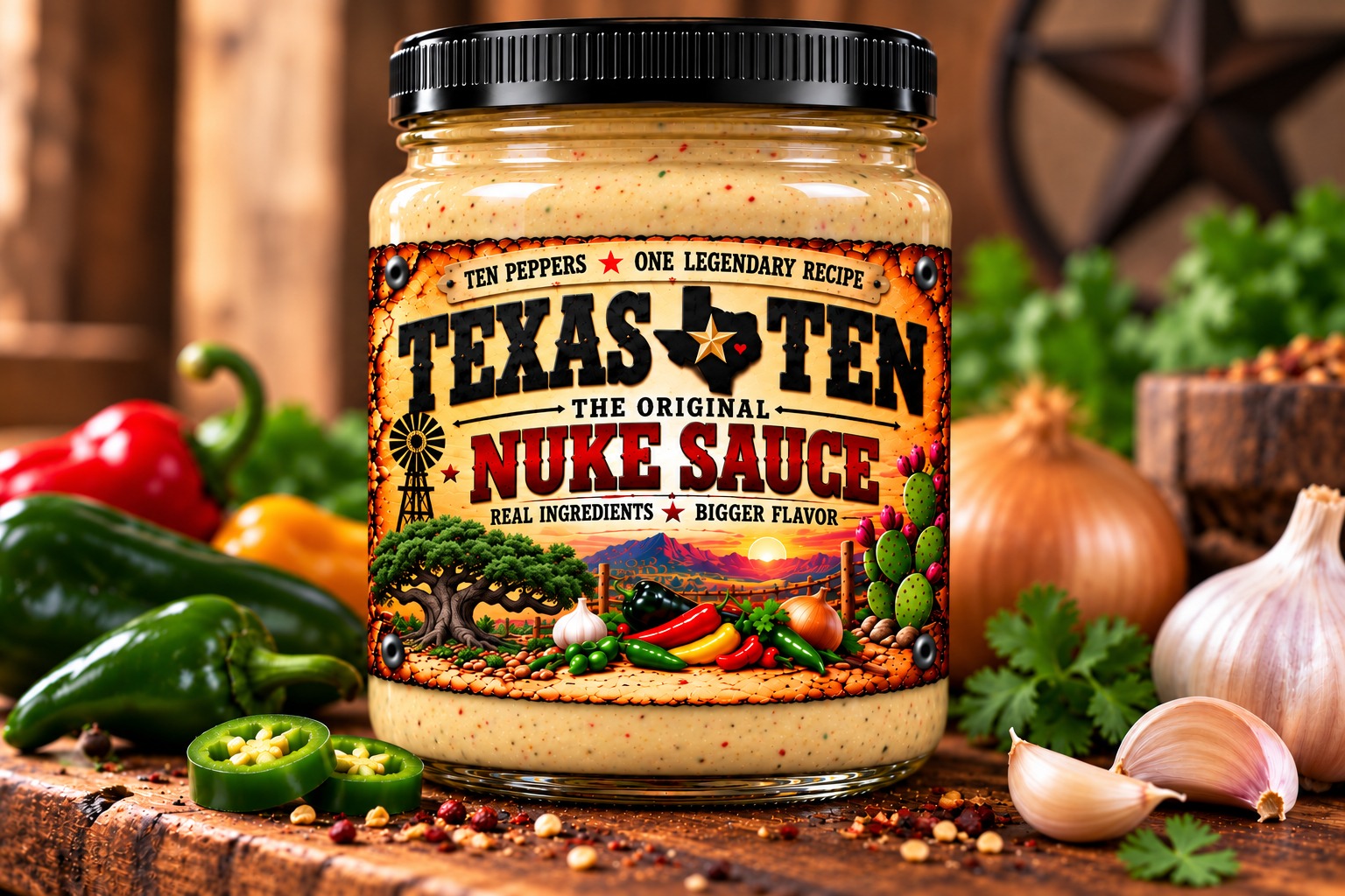 Texas Ten Nuke Sauce with a light creamy texture and live oak tree and prickly pear cactus label